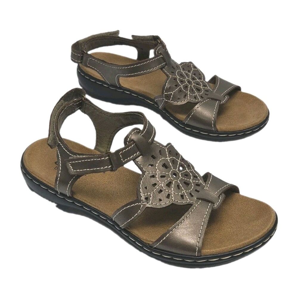 Clarks Bendables Sandal Shoe Brown Women Sz 7.5 Hook Loop Slingback Flat Bronze
